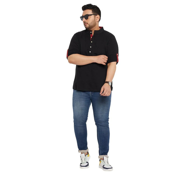 Men Plus Size Warren-Black Solid Henley Tshirt