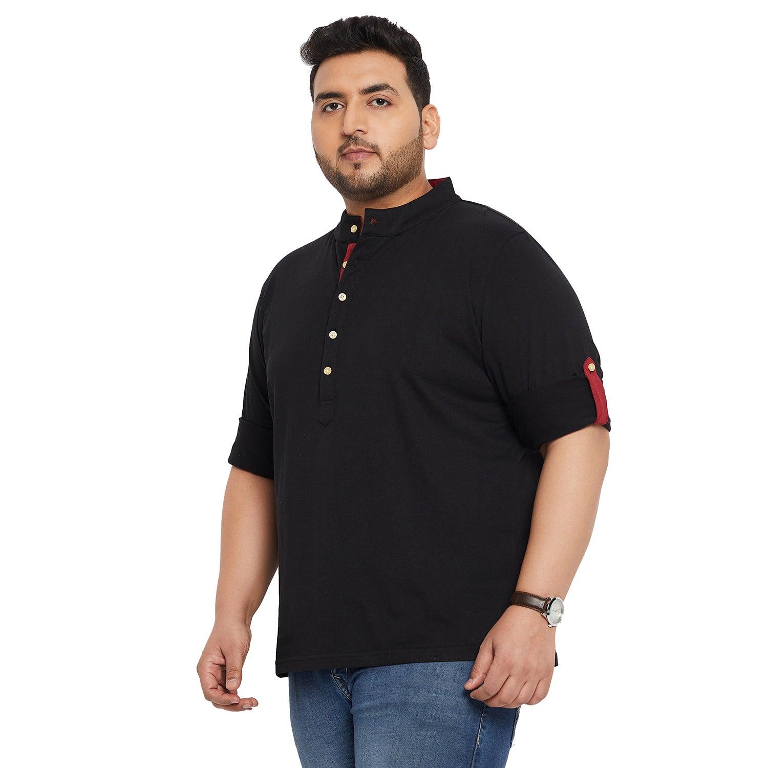 Men Plus Size Warren-Black Solid Henley Tshirt - bigbanana