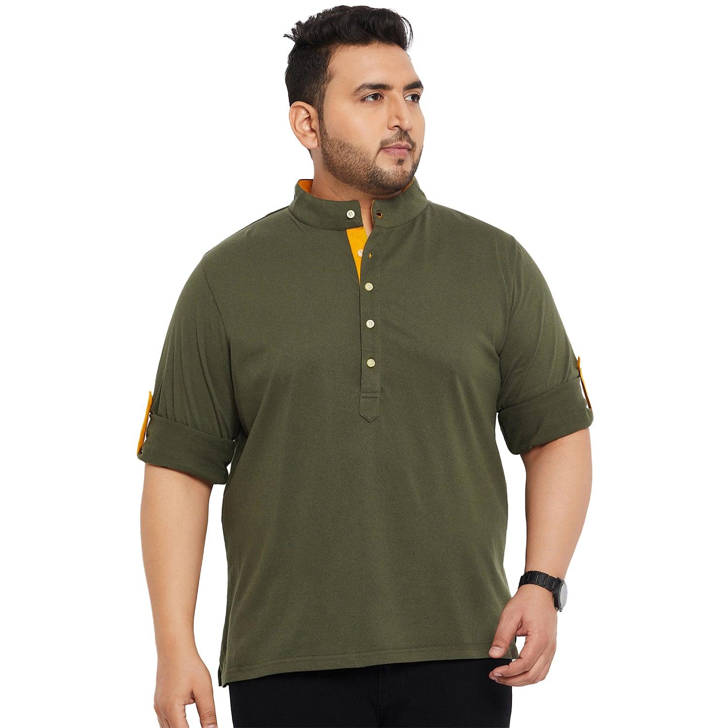 Men Plus Size Warren-Olive Solid Henley Tshirt - bigbanana