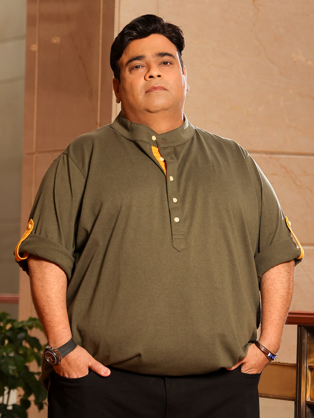 Men Plus Size Warren-Olive Solid Henley Tshirt
