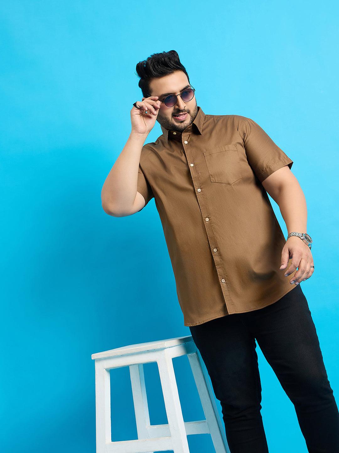 Men Plus Size Zenzo-Khakhi Solid Shirt - bigbanana