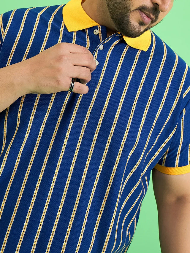 Men Plus Size Zephyr Blue Stripe Polo Tshirt - bigbanana