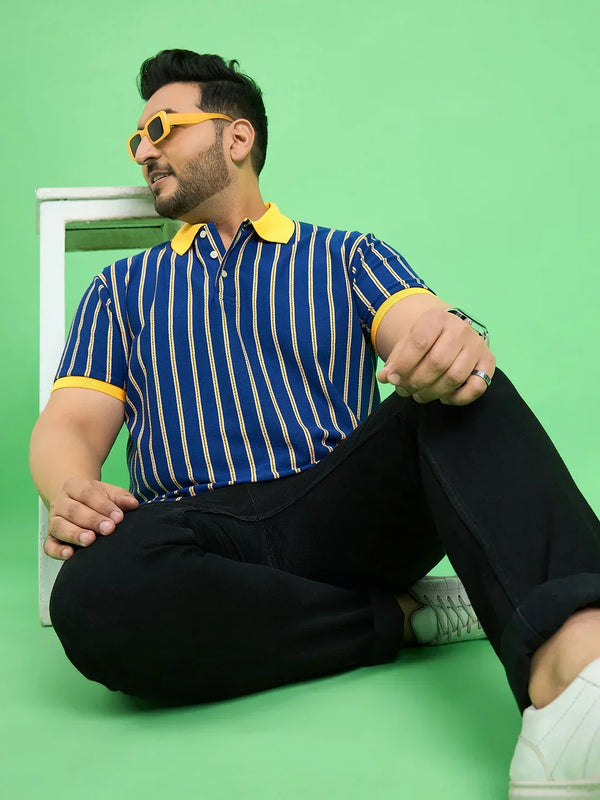 Men Plus Size Zephyr Blue Stripe Polo Tshirt