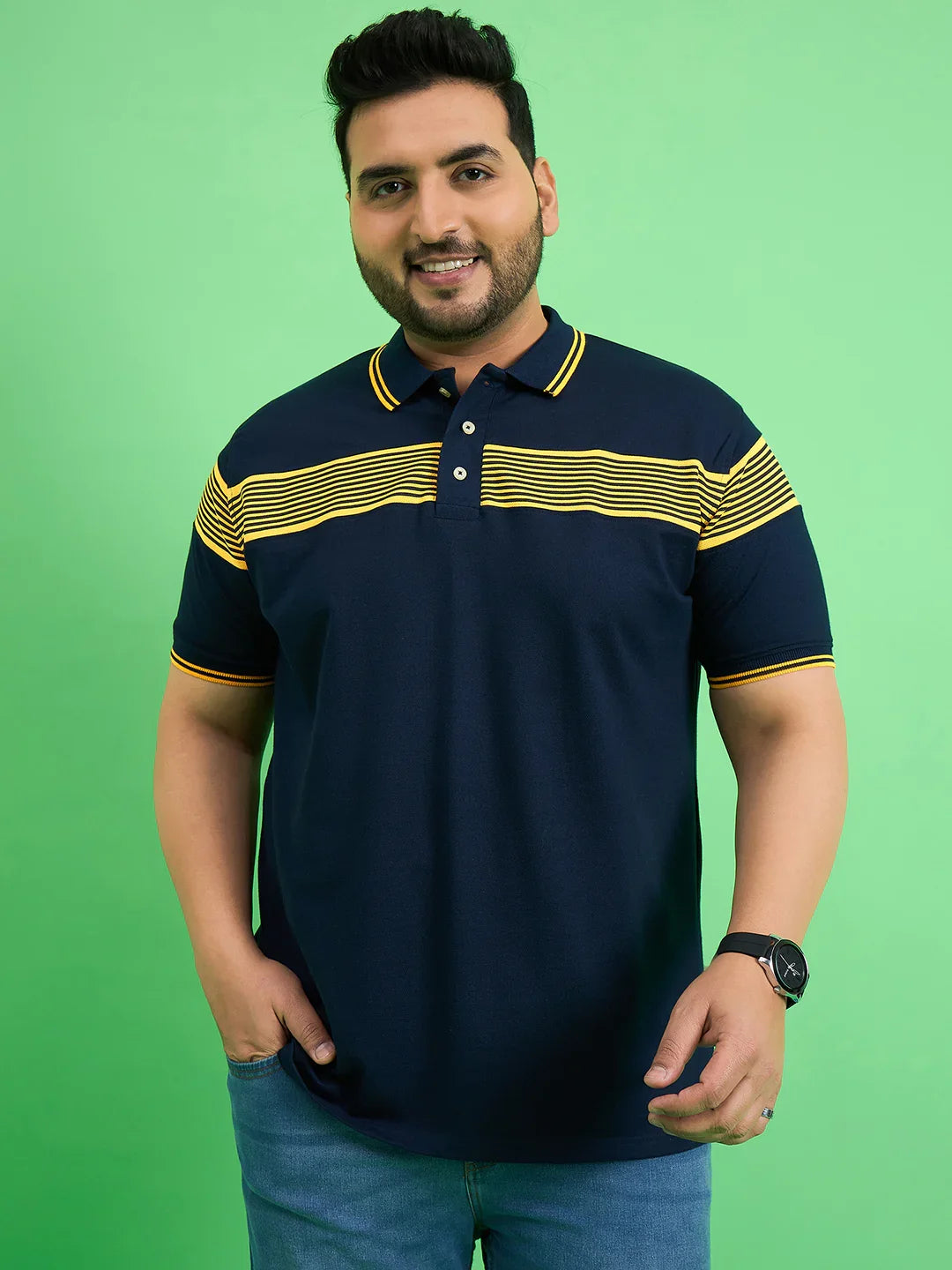 Men Plus Size Zetel Navy Blue Colorblock Polo Tshirt