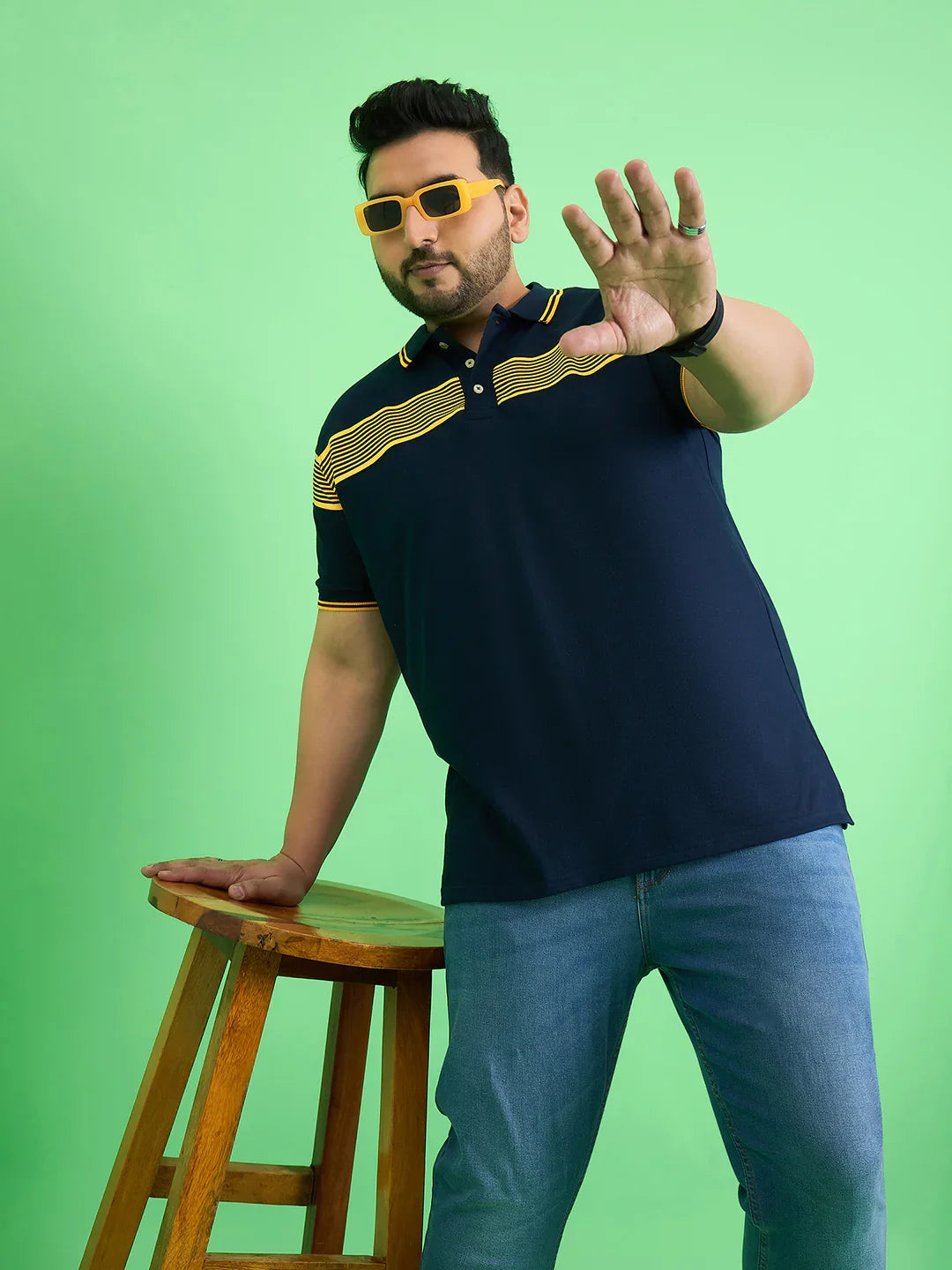 Men Plus Size Zetel Navy Blue Colorblock Polo Tshirt