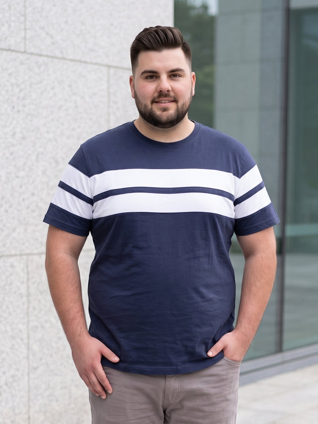 Men Plus Size Bridge Navy Colorblock Round Neck Tshirt