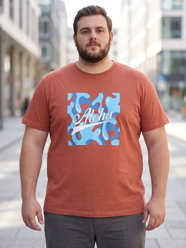Men Plus Size Aloha Brown Printed Round Neck Tshirt