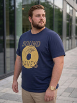 Men Plus Size Frequency Navy Printed Round Neck Tshirt