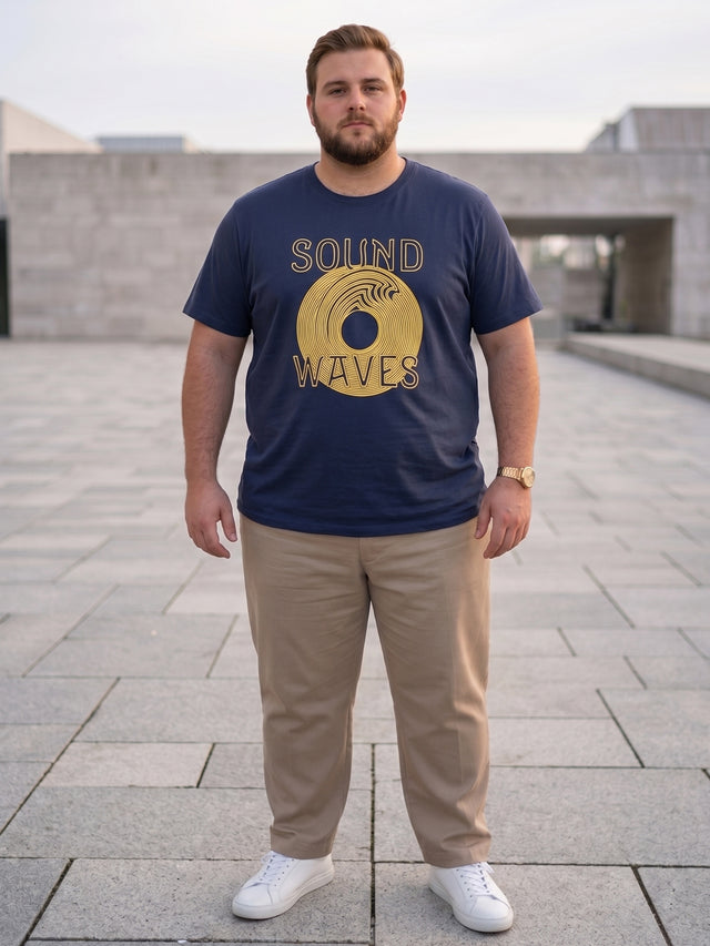 Men Plus Size Frequency Navy Printed Round Neck Tshirt