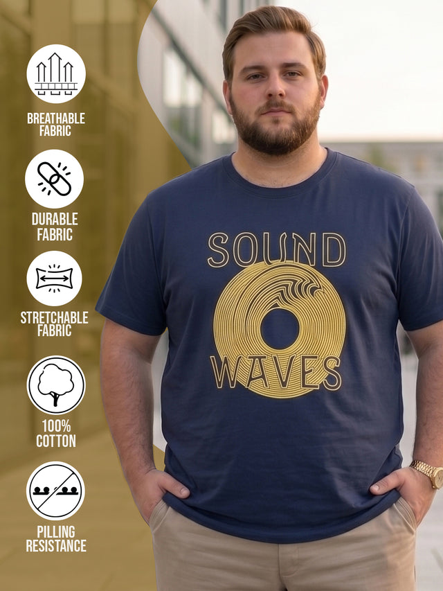 Men Plus Size Frequency Navy Printed Round Neck Tshirt