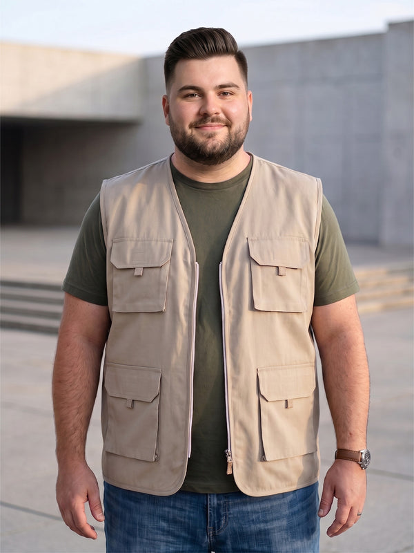 Men Plus Size Drift-Beige Solid Beige Utility Jacket