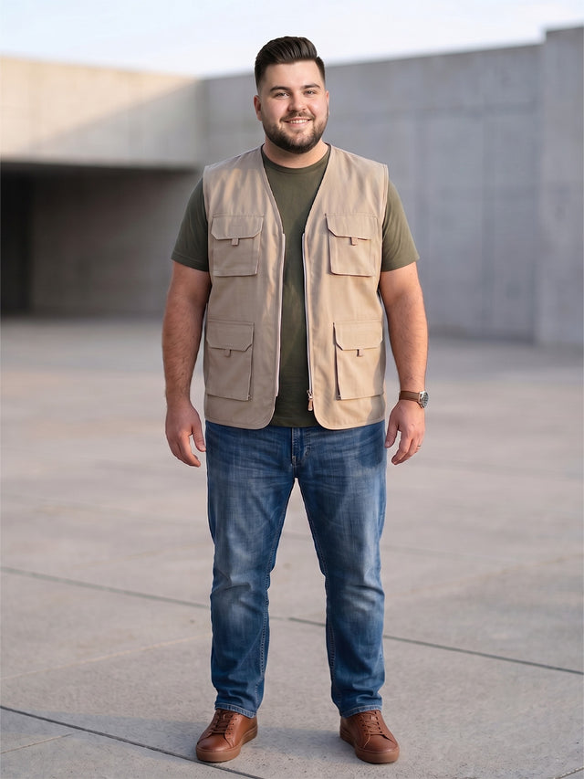 Men Plus Size Drift-Beige Solid Beige Utility Jacket