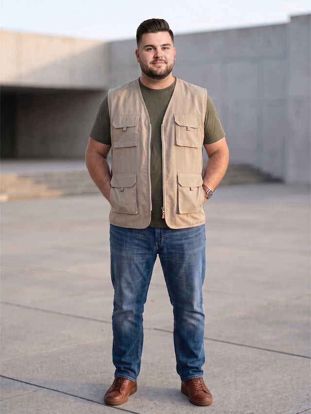 Men Plus Size Drift-Beige Solid Beige Utility Jacket