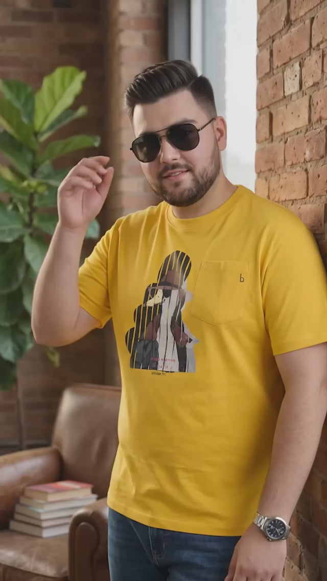 Men Plus Size Solarsketch Yellow Printed Round Neck