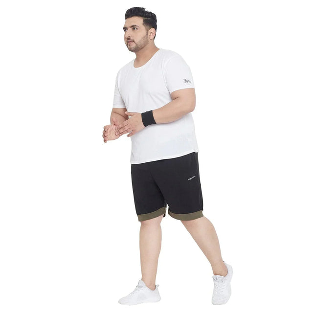 Plus size man in white t-shirt and black shorts for men, activewear fashion on white background