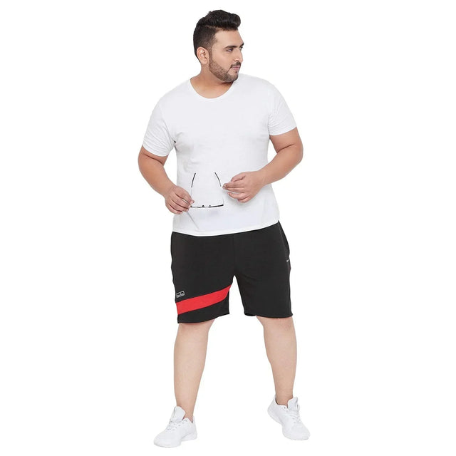 Plus size man in white t-shirt and black shorts with red stripe, casual fashion