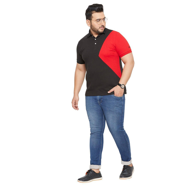 Plus size man in black and red polo t-shirt with blue jeans, casual fashion for men
