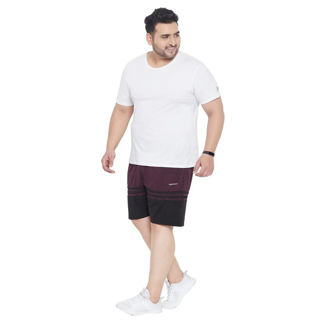 Plus size man wearing white t-shirt and maroon black shorts, casual summer outfit