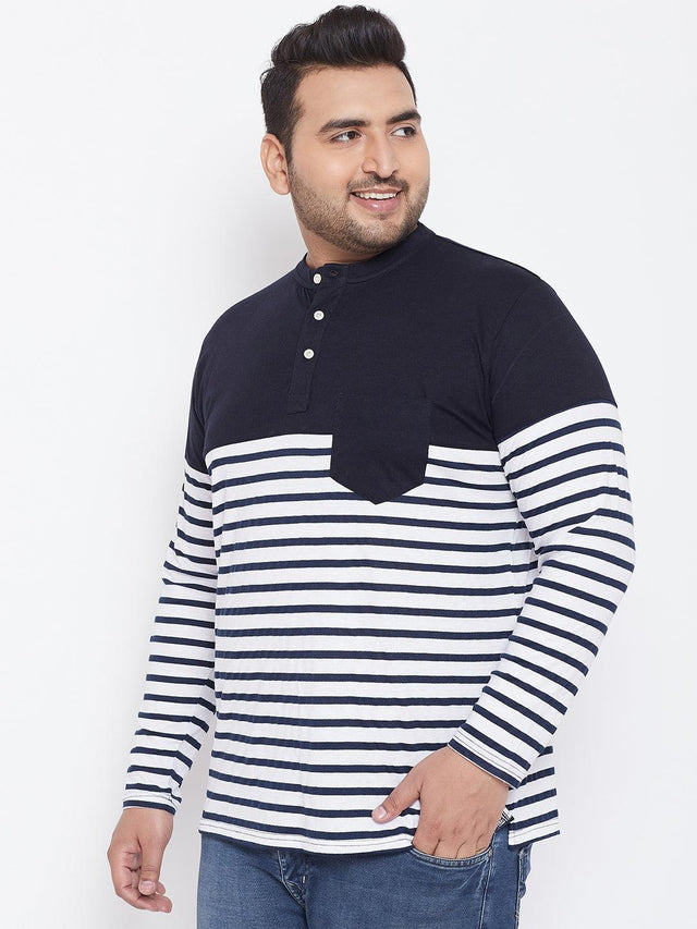 Plus size man wearing navy blue and white striped long sleeve t-shirt with stand collar