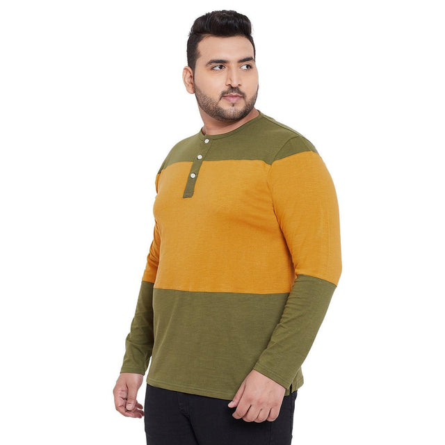 Plus size men’s mustard and olive green colorblock full sleeve Henley t-shirt