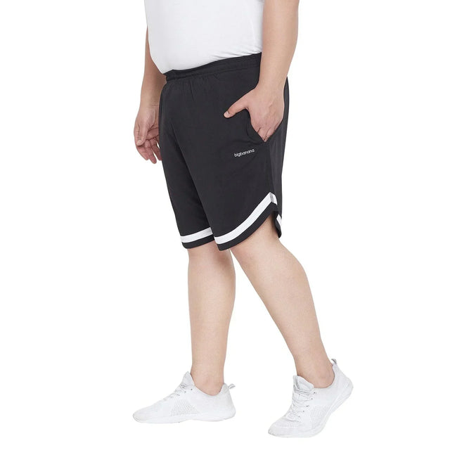 Men's plus size black shorts with white trim, elastic waist, side pocket, casual fit