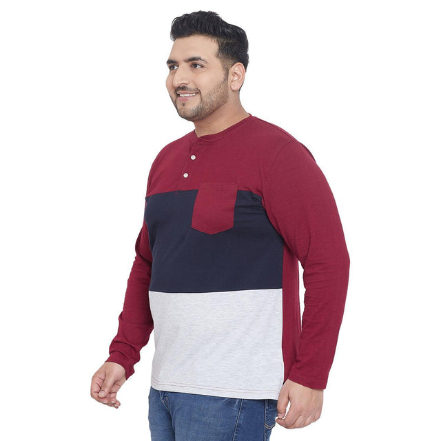 Men's plus size colorblock long sleeve t-shirt in maroon, navy, and grey with chest pocket