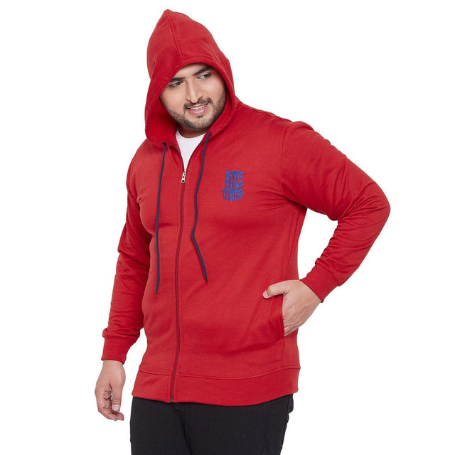 Plus size man in red zip-up hoodie with blue drawstrings, casual fashion, white background