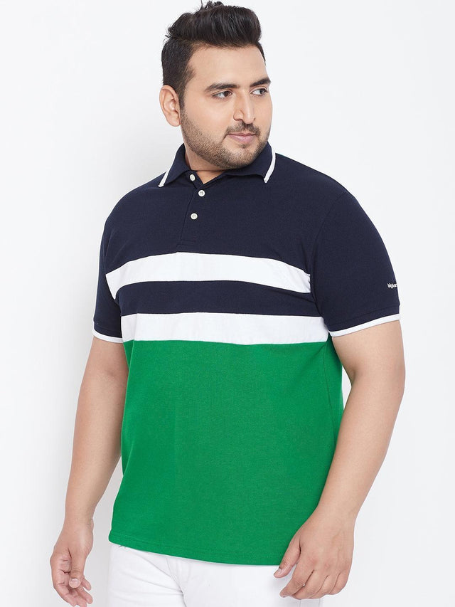 Men's plus size colorblock polo t-shirt with navy, white, and green stripes, short sleeves