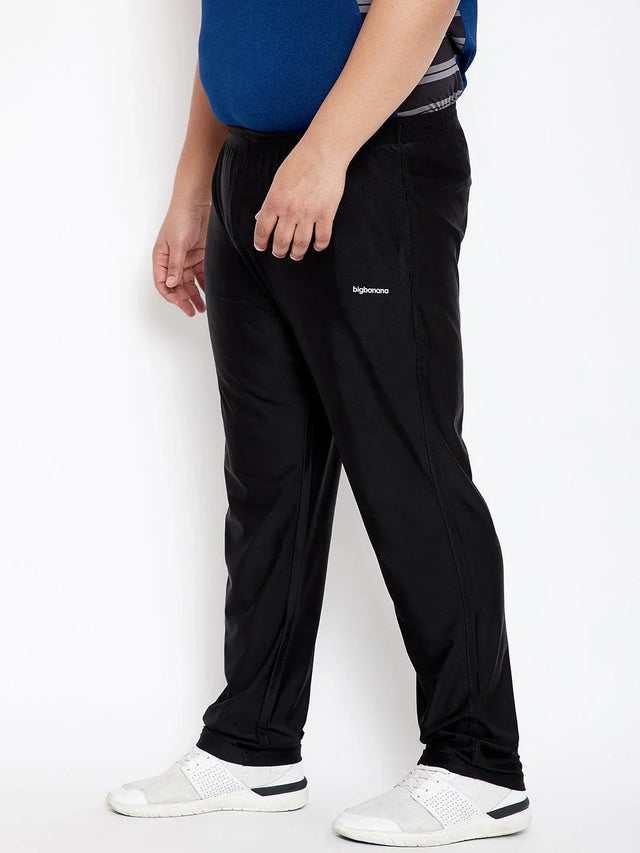 Men's plus size black track pants with elastic waistband and side pockets