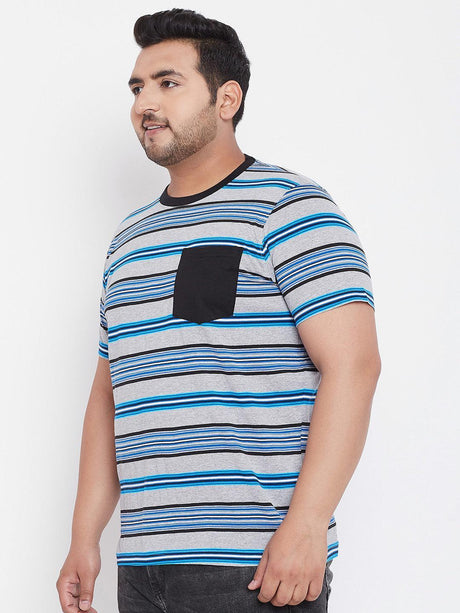Men's plus size striped t-shirt with blue, black, grey lines and black chest pocket