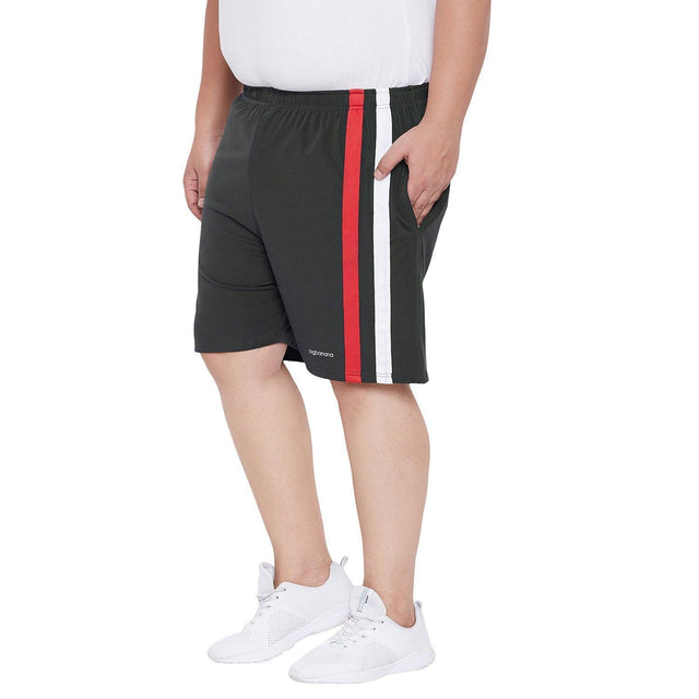 Men's plus size black shorts with red and white side stripes, elastic waist, casual fit