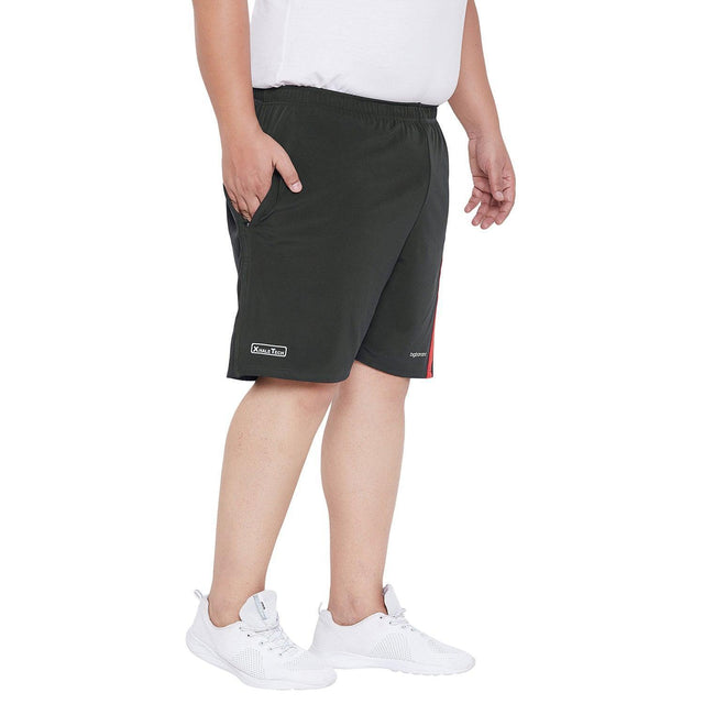 Plus size men's black athletic shorts with red side stripe and side pockets