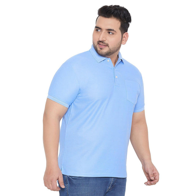 Men's plus size light blue polo t-shirt with short sleeves and chest pocket, casual fit