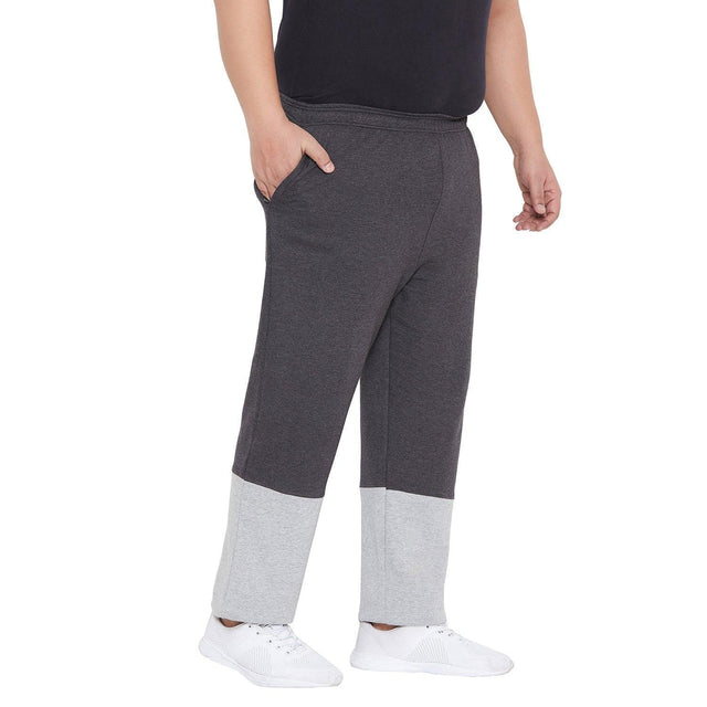 Men's plus size colorblock joggers in dark grey with light grey cuffs, side pockets