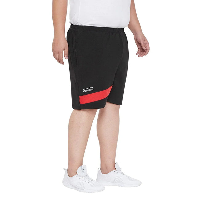 Men's plus size black shorts with red accent and elastic waist, side pocket detail