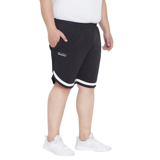Plus size men's black athletic shorts with white trim, side pocket, and elastic waist