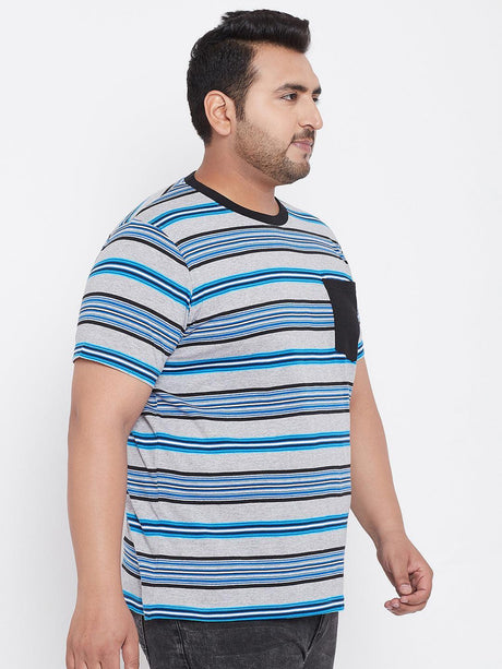 Plus size man in grey, black, and blue striped t-shirt with front pocket, side view