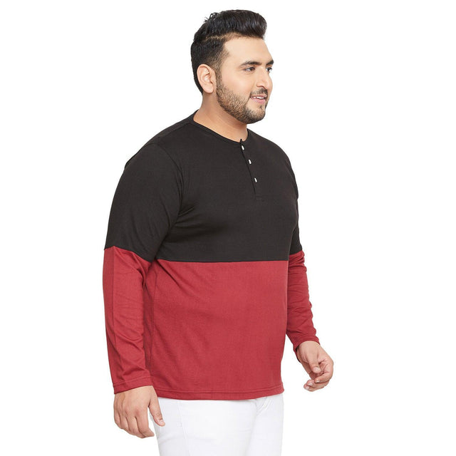 Plus size men's black and maroon colorblock henley t-shirt with long sleeves
