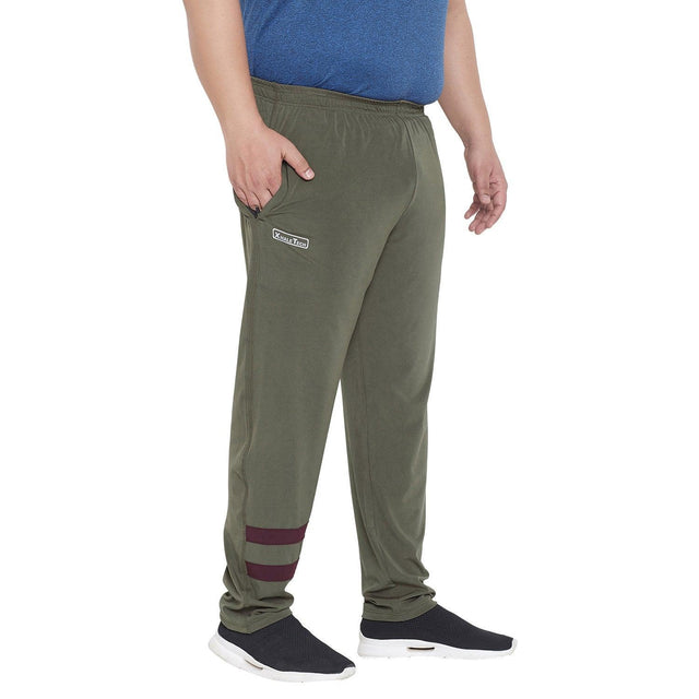 Men's plus size olive green joggers with side pockets and maroon stripes, casual fit