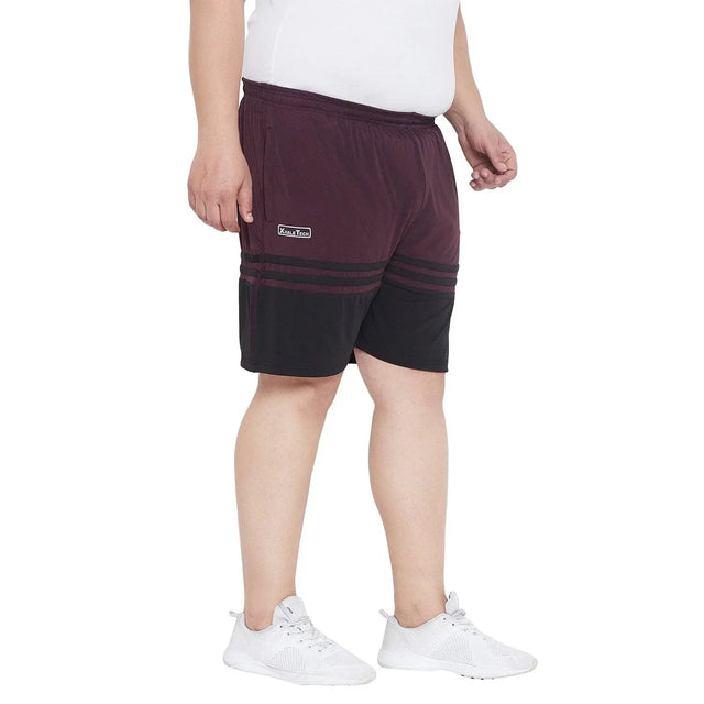 Men's plus size maroon and black shorts with elastic waist, side pocket, casual fit