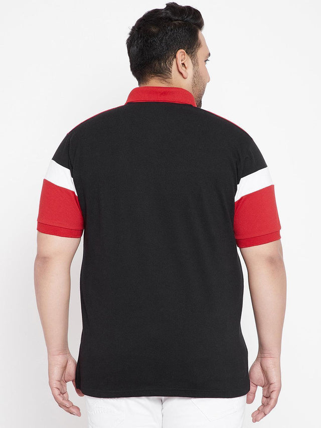 Back view of a plus size men's black polo t-shirt with red collar and red sleeves, featuring white stripe detail.