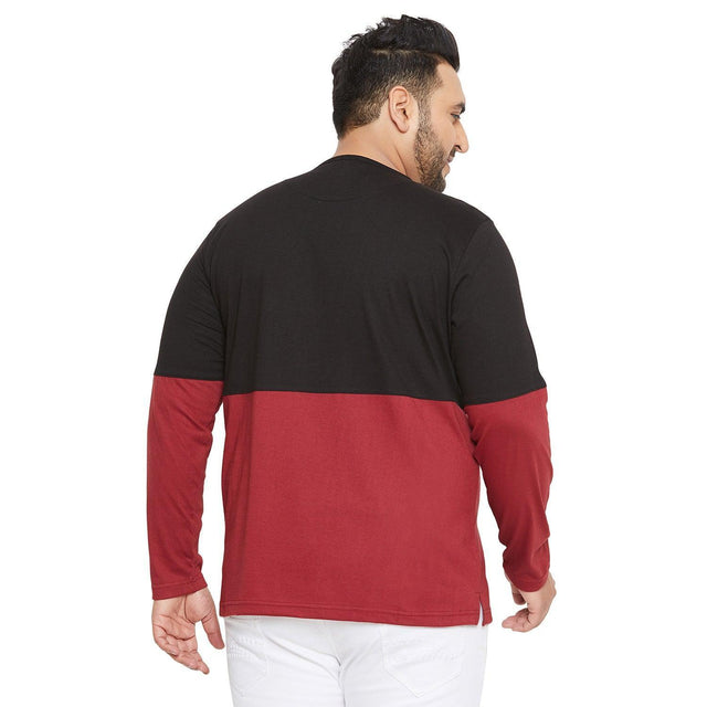 Back view of man wearing plus size long sleeve colorblock t-shirt in black and maroon