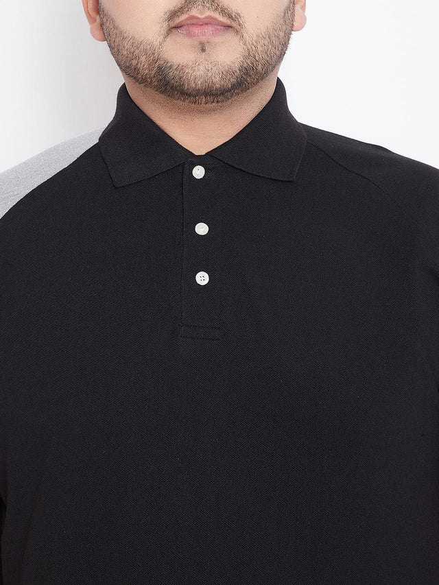 Men's plus size black polo shirt with grey shoulder panel and buttoned collar