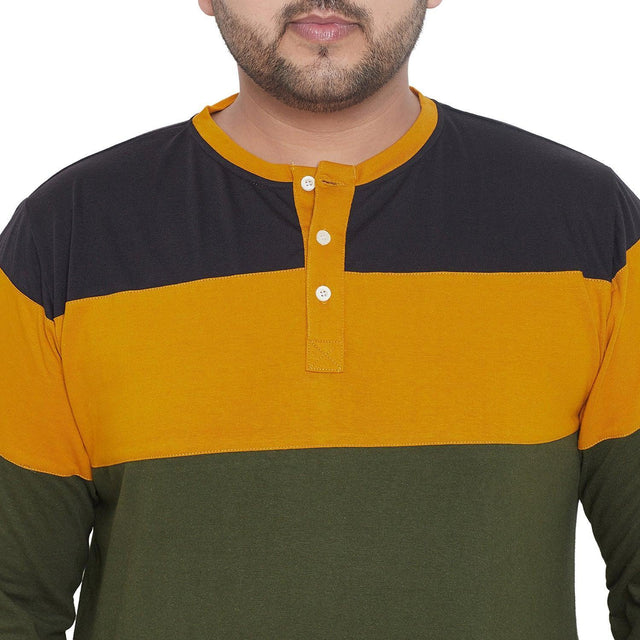 Plus size men’s colorblock henley t-shirt with mustard, black, and olive stripes.