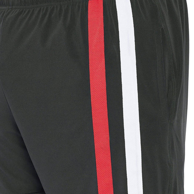 Black plus size men's shorts with red and white side stripes, elastic waistband