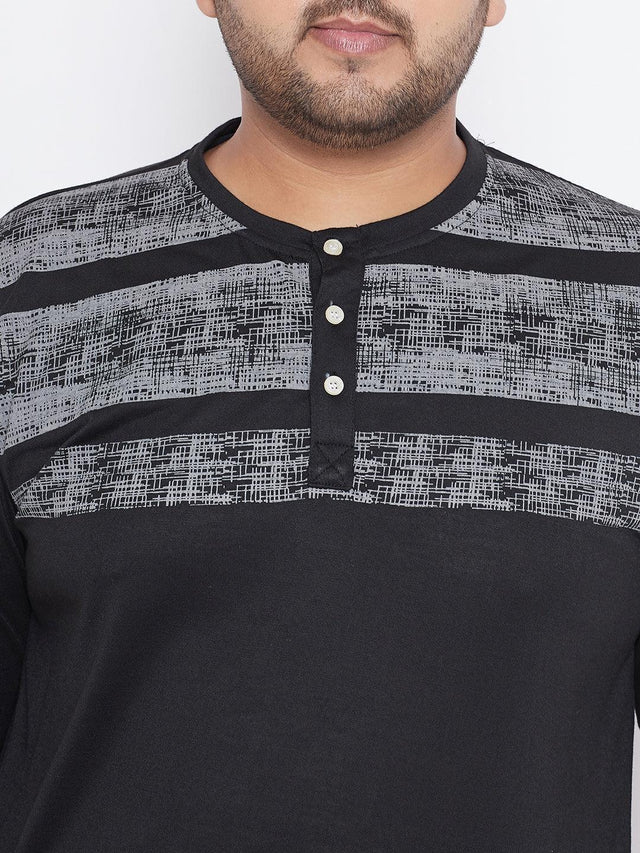 Men's plus size black Henley t-shirt with grey graphic stripes and button placket