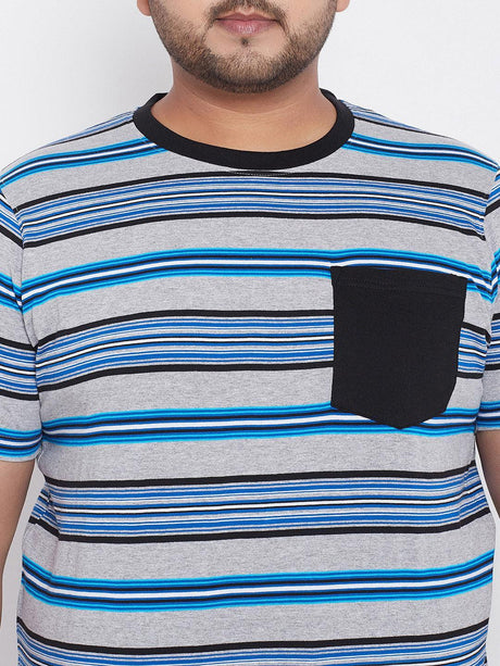 Men’s plus size grey t-shirt with blue and black stripes and a black chest pocket