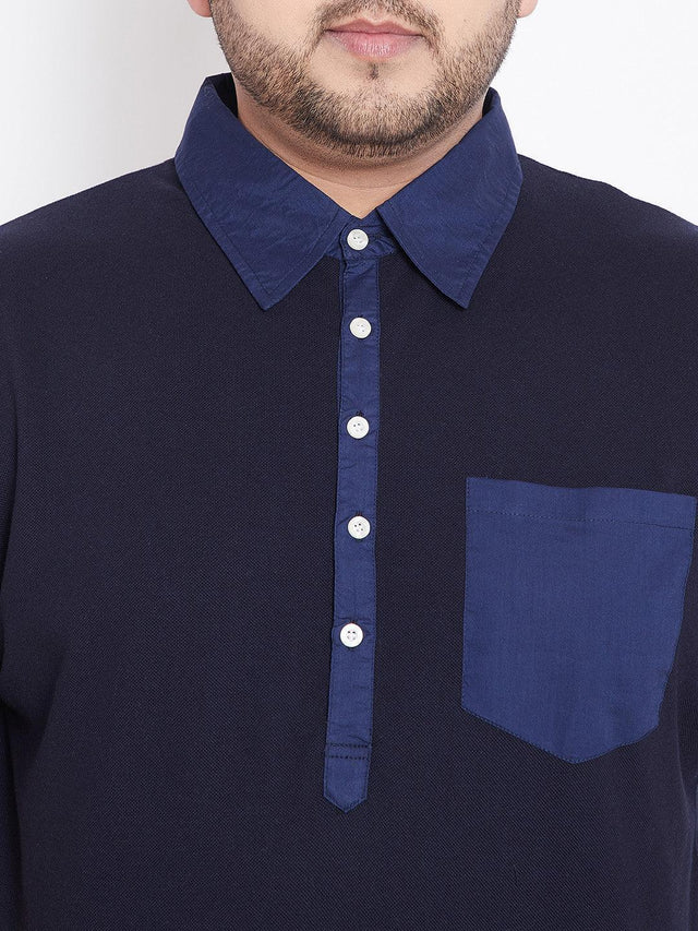 Men's plus size navy blue polo shirt with button placket and chest pocket