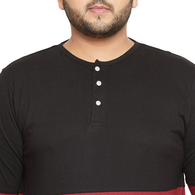 Men’s plus size black Henley t-shirt with buttons and maroon stripe design