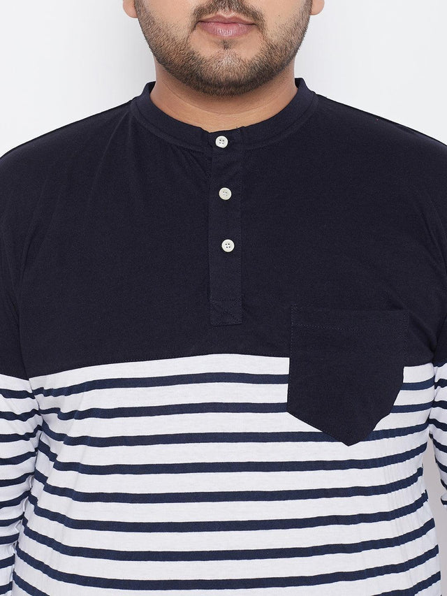 Men's plus size navy blue and white striped Henley t-shirt with chest pocket